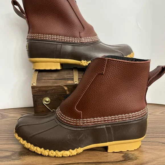 LL Bean Brown Leather 7" Front Zip Fleece Lined Insulated Duck Boots Women sz 9 - Picture 2 of 12
